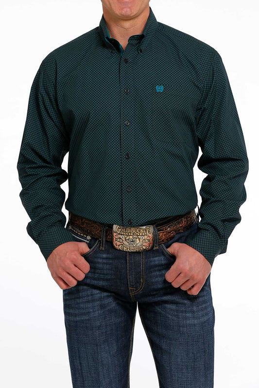 MEN'S GEOMETRIC BUTTON-DOWN WESTERN SHIRT - BLACK / TEAL